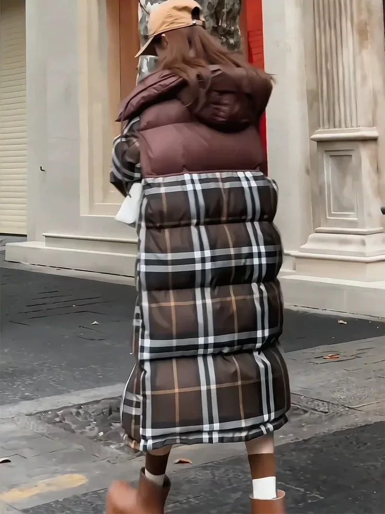 Dames donsjack Winterjas Vrouwelijke Koreaanse mode Plaid Patchwork Outerwears Verdikte losse warme sneeuw Lange pufferjassen