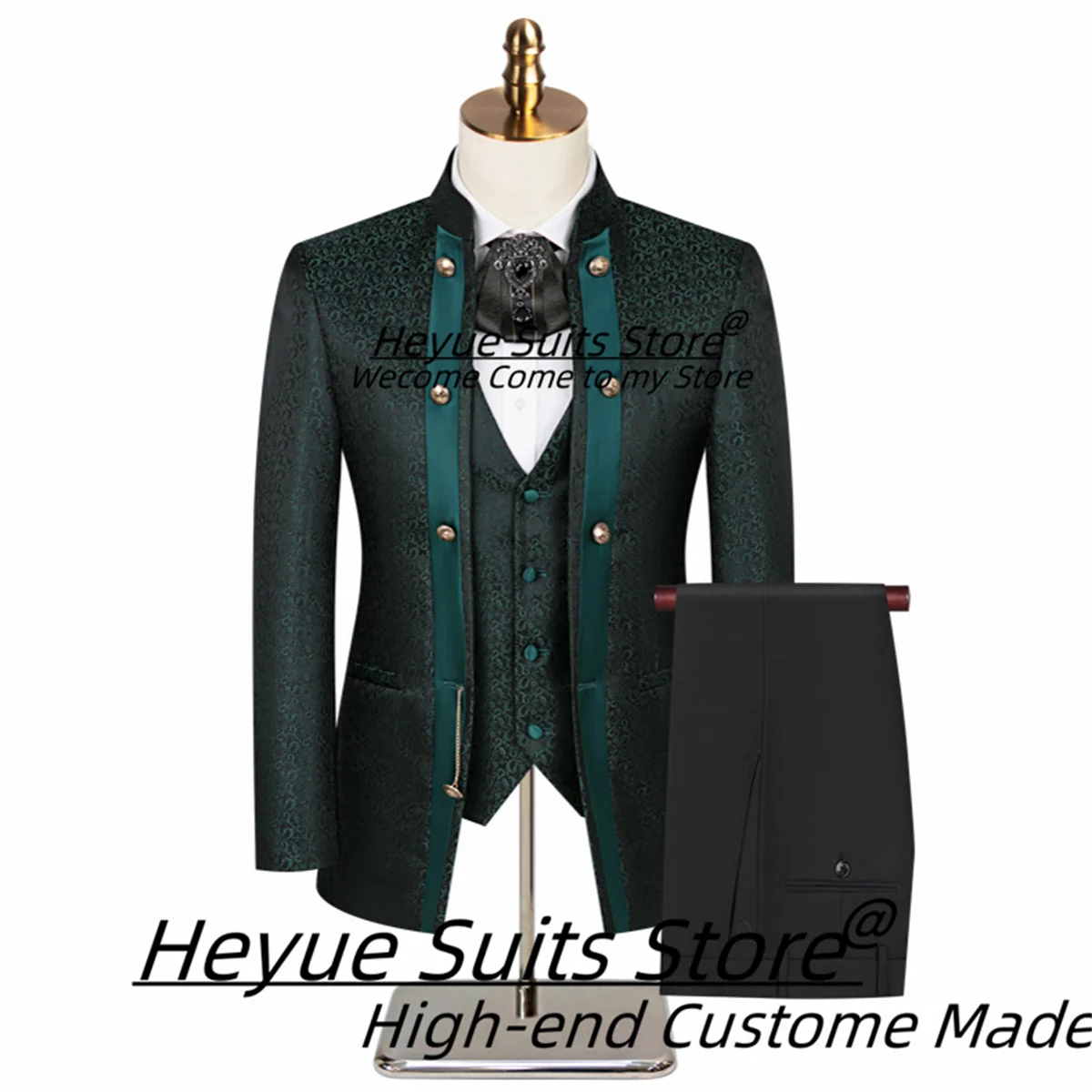 

Luxuly Jacquard Wedding 3 Pieces Sets Customized Slim Fit Stand Collar Groom Tuxedos Formal Male Prom Blazers trajes para hombre