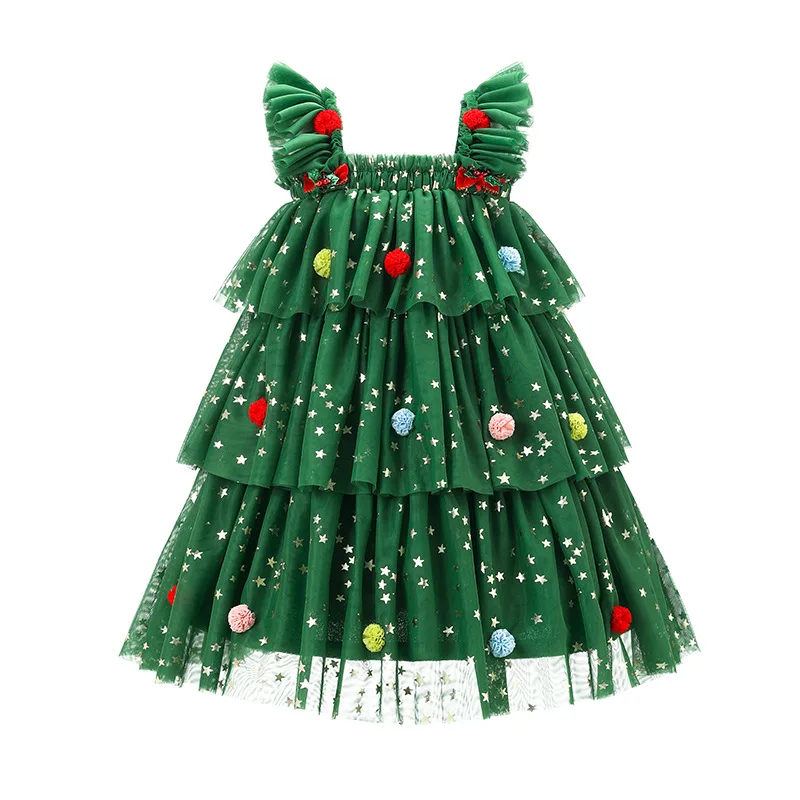2025 Green Princess Ball Gown Little Girls Christmas/Valentines Dress Strap Star Lace Layered Tulle Sundress Girls Newyears Dres