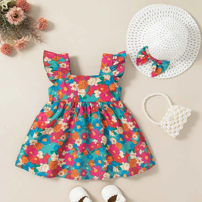 

Baby Clothes Girl Summer Full Print Floral Pattern Dazzle Style Baby Dresses Cute Casual Vacation Girl Kid's Dress With Hat