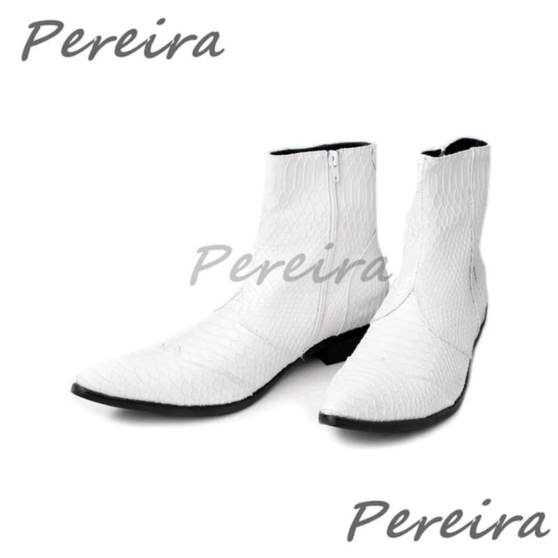 

Black White Snake Patterned Short Boots Trendy Men's Pointy Toe Side Zipper Genuine Leather Handmade Boots Business Dress Shoes