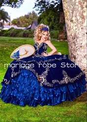 Royal Blue Velvet Princess Quinceanera Dresses Sweetheart Ruffles Floral Embroidery Corset Prom vestidos de 15 años charros