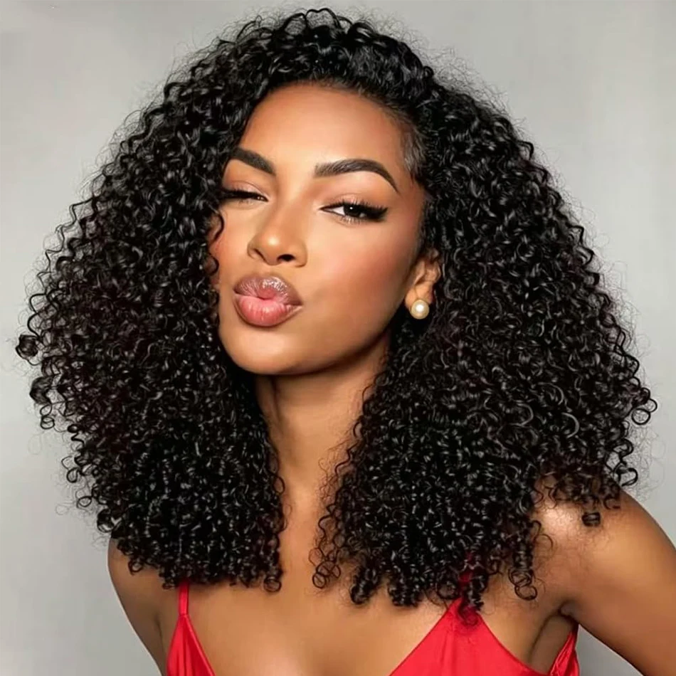 100% Human Hair Mongolian Kinky Curly Half Wigs 250 Density Glueless 3 In 1 Half Afro Curls Wigs With Drawstring Headband Wigs