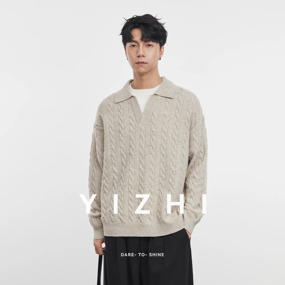 Men's Korean Fake Two-piece Lapel Sweater 2025 Autumn New Loose Solid Color Long Sleeve Top Men's Pullover