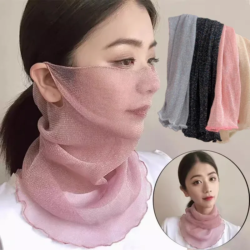 

Summer Neck Collar Scarf Mask Charm Elegance Women Sun Protection Mask Chiffon Silk Bib Neck Cover Hanging Ear Veil Summer