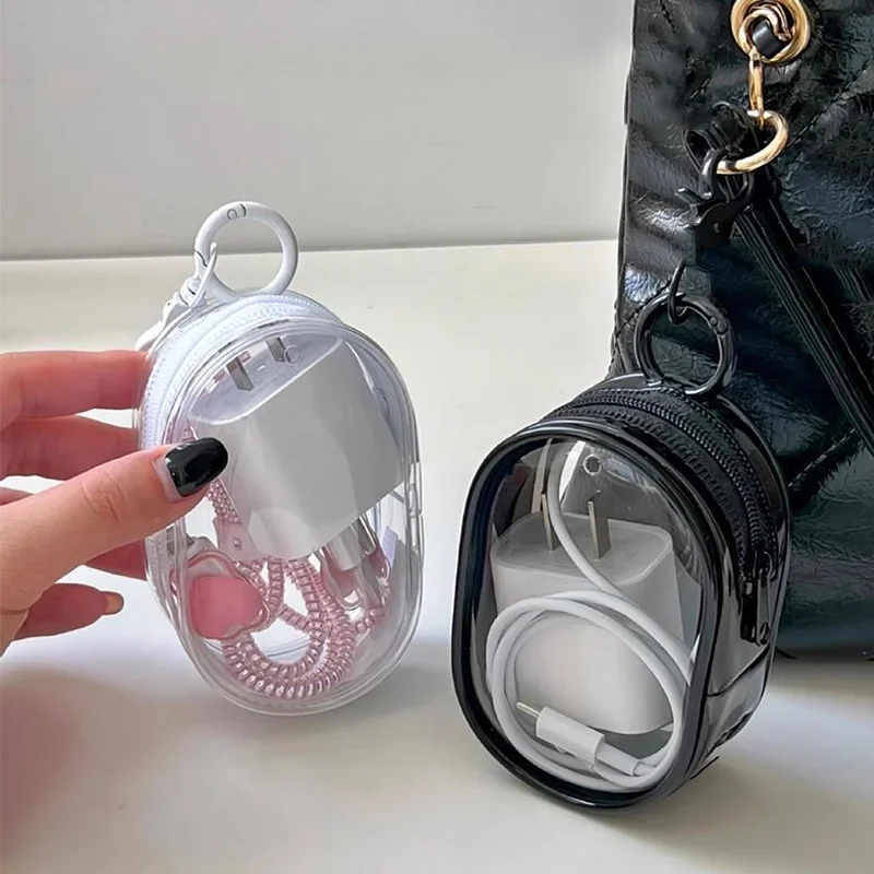 Portable Mini Clear Zipper Storage Bag - Space-Saving Organizer for Earphones & Chargers, Versatile with Handy Keychain Loop