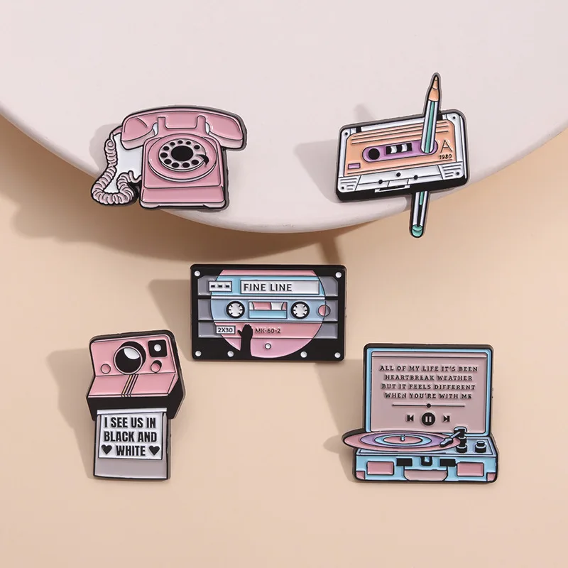 Camera Tape Enamel Pins Custom Tape Phone Gramophone Retro Brooches Lapel Badges Funny Jewelry Gift for Kids Friends