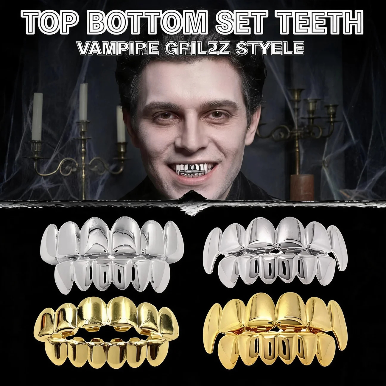 Gold Teeth Jewelry Dental Grills Top Bottom Set Teeth Grillz Comfortable Shiny Glossy Durable Halloween Tooth Hip Hop Style