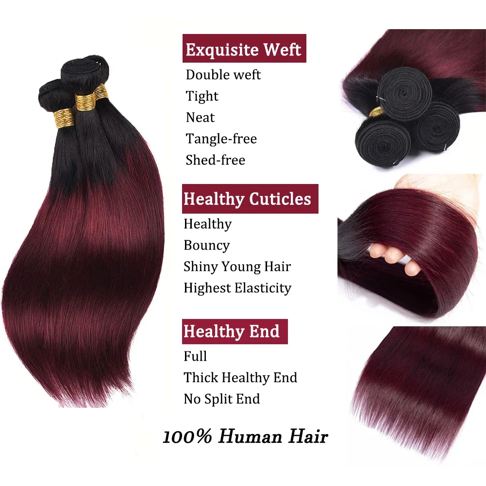 Burgundy Red  Human Hair Bundles Red 1b/99j Ombre Colored 100% Human Hair Extension Wavy Tissage Remy Hair Weaving