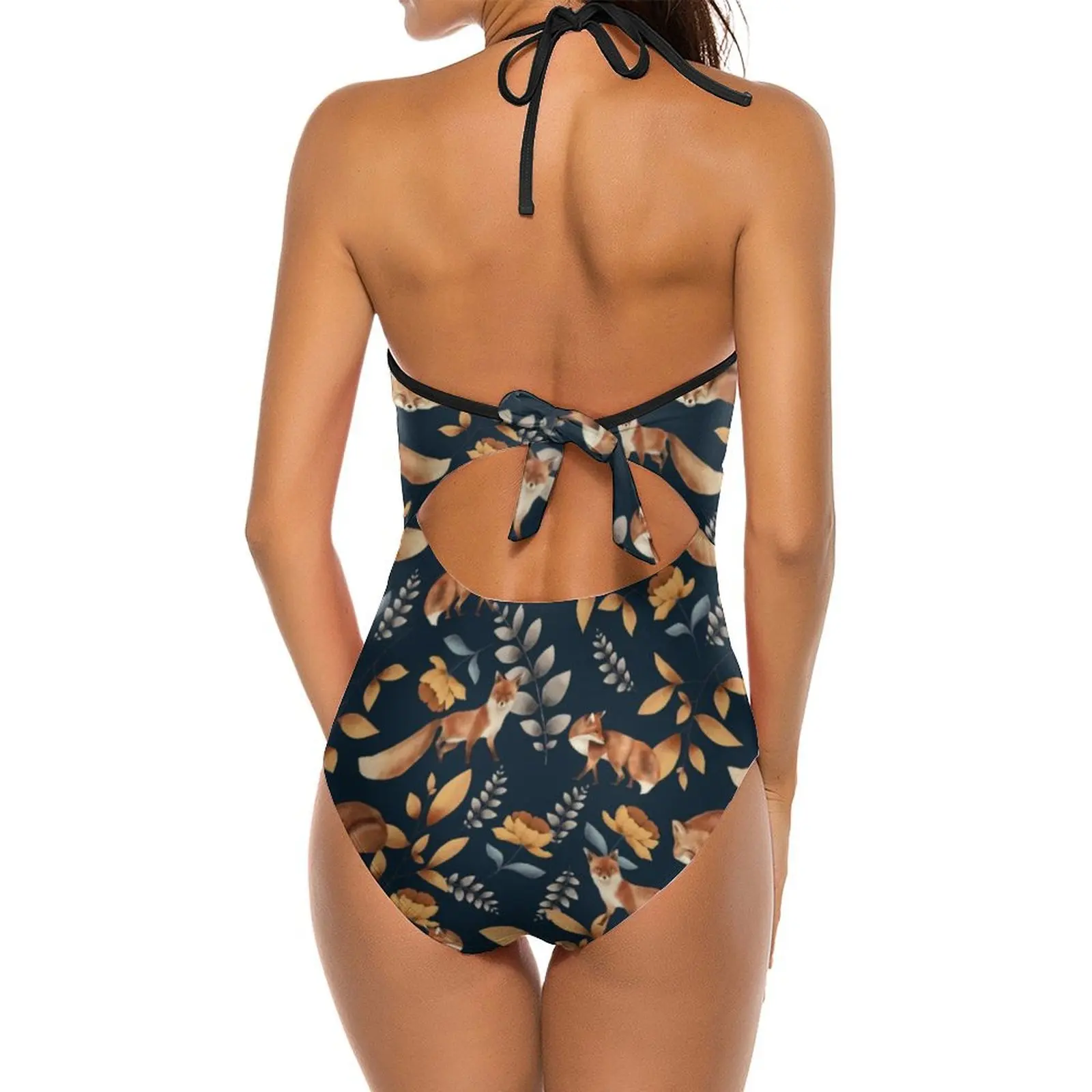 Cute Fox Print Swimsuit Wild Animal Push Up Swimwear One Piece Hollow Out Bathing Suit Sexy Classic Beachwear Large Size image 4