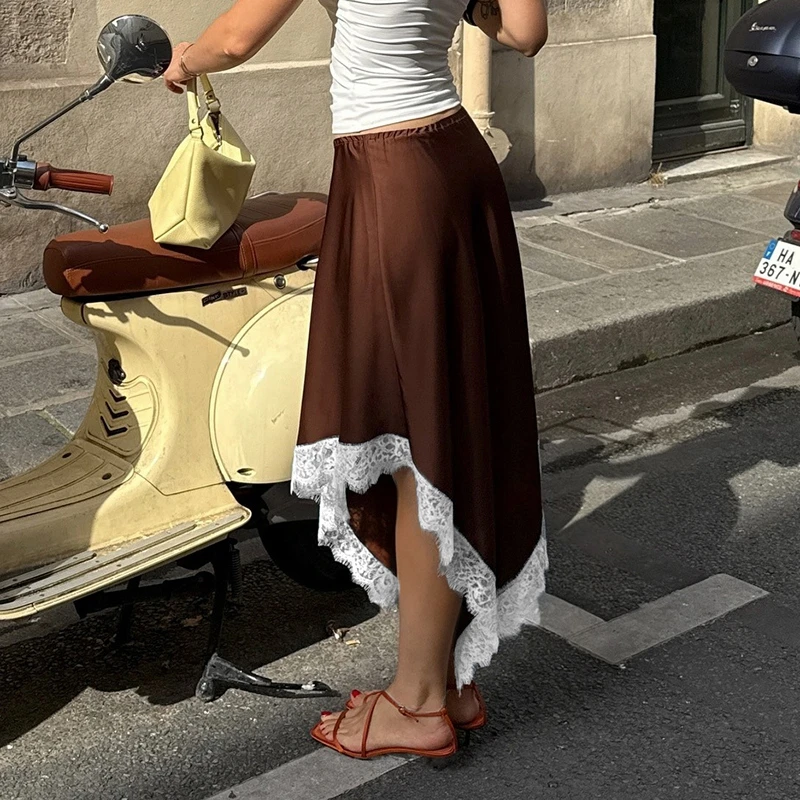 

Шелковая атласная полуслипная юбка с нерегулярным подолом, элегантная женская кружевная отделка, струящаяся макси-юбка трапециевидной формы, женская эластичная талия под платьем
