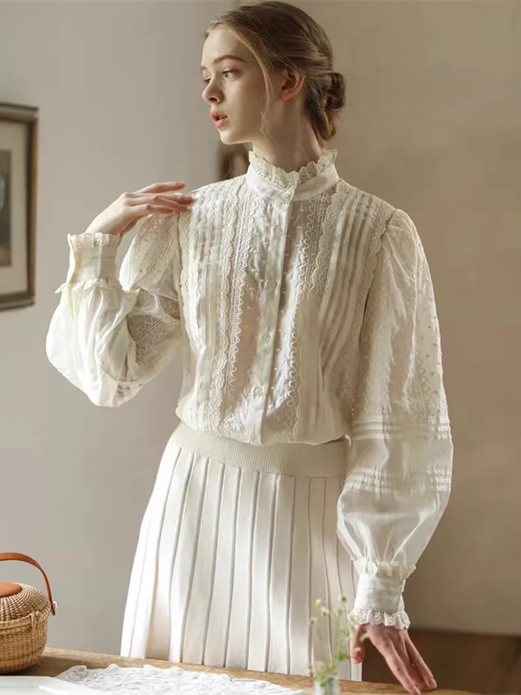 AIGYPTOS Spring Fall Long Sleeve Shirts Women Elegant French Stand Collar Lace Shirts Embroidered All-Match Loose Shirts/Blouses