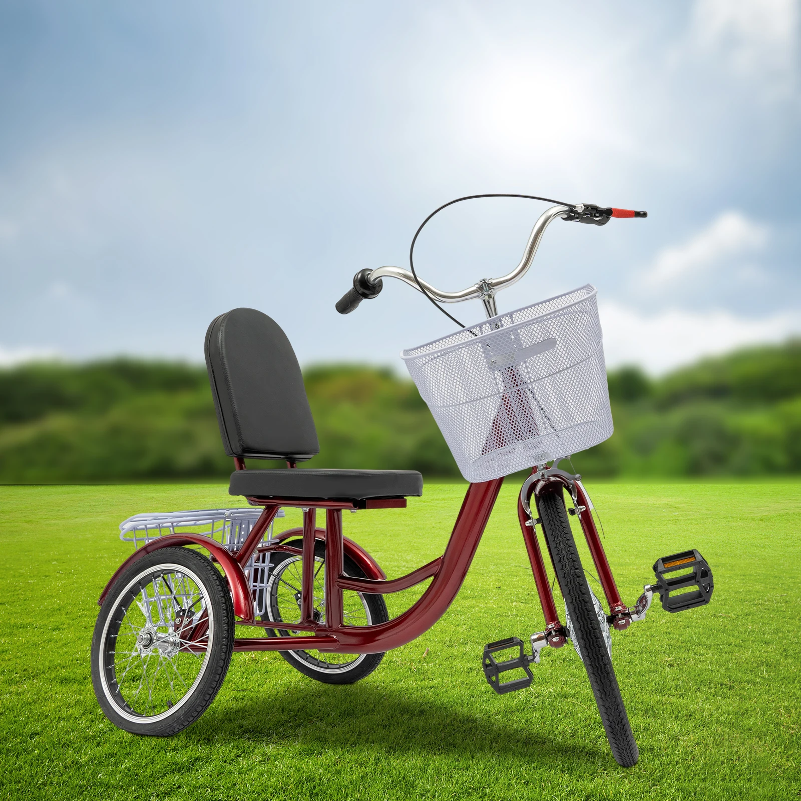 Burgundy 135x66cm Anti-Rollover Tricycle with 20in. Front Wheels and 16in. Rear Wheels for Elderly People 4.92-6.07ft