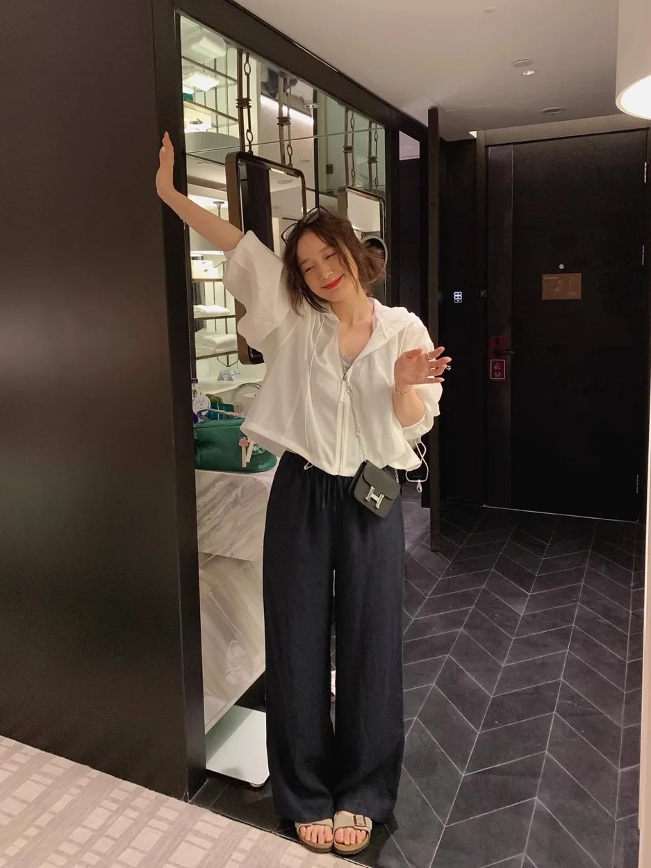 

Xubeng Fre Versatile Korean Sle Spring Summer Lightweight Loose ort White Dstring Hooded Sun Protection Jaet for W...