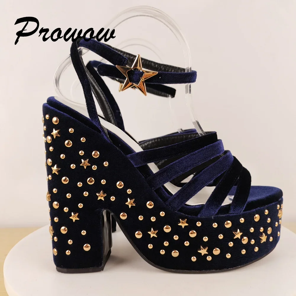 

Черные бархатные сандалии на платформе с золотыми звездами и заклепками, женская обувь с пряжкой и ремешком, вечерние туфли на массивном высоком каблуке