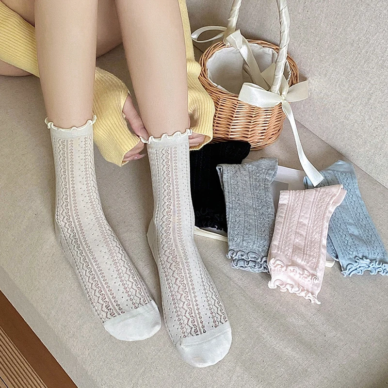 

Women's Socks Summer New Korean Style Hollow Out Mesh Socks For Girls Breathable Sweet Frilly Ruffle Thin Socks Solid Color Soft