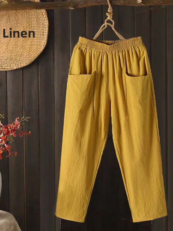 Cotton Linen Casual Pants Women's Thin New 2025 Loose Harlan Nine Points Pants Mom's Casual Trousers High Waist Elastic