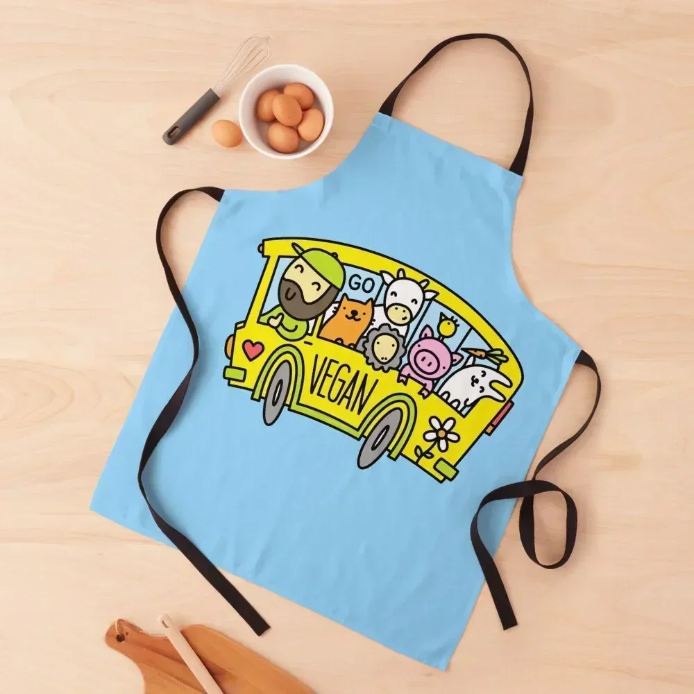 

Go Vegan Yellow Bus Happy Animals Apron bib Household Items Chef Uniform For Men waiter Apron