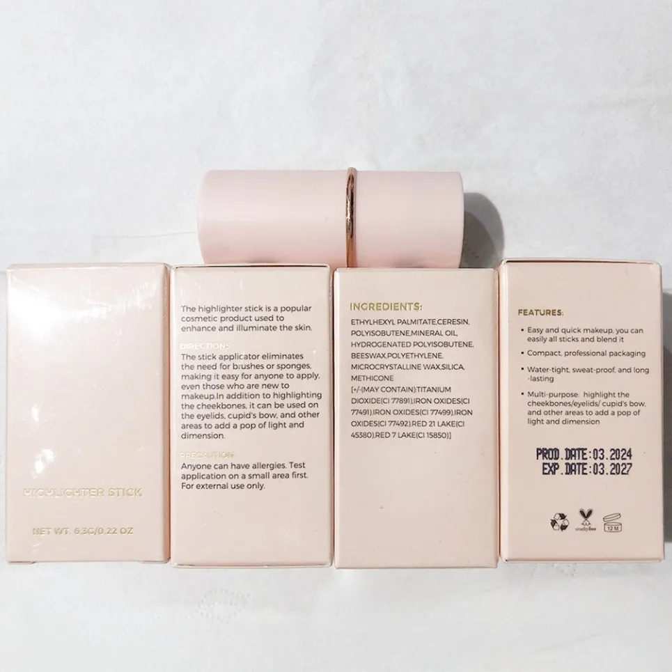 

Стик-хайлайтер для лица в розовом футляре под собственной торговой маркой, осветляющий и контурирующий, с индивидуальным логотипом, веганский макияж оптом