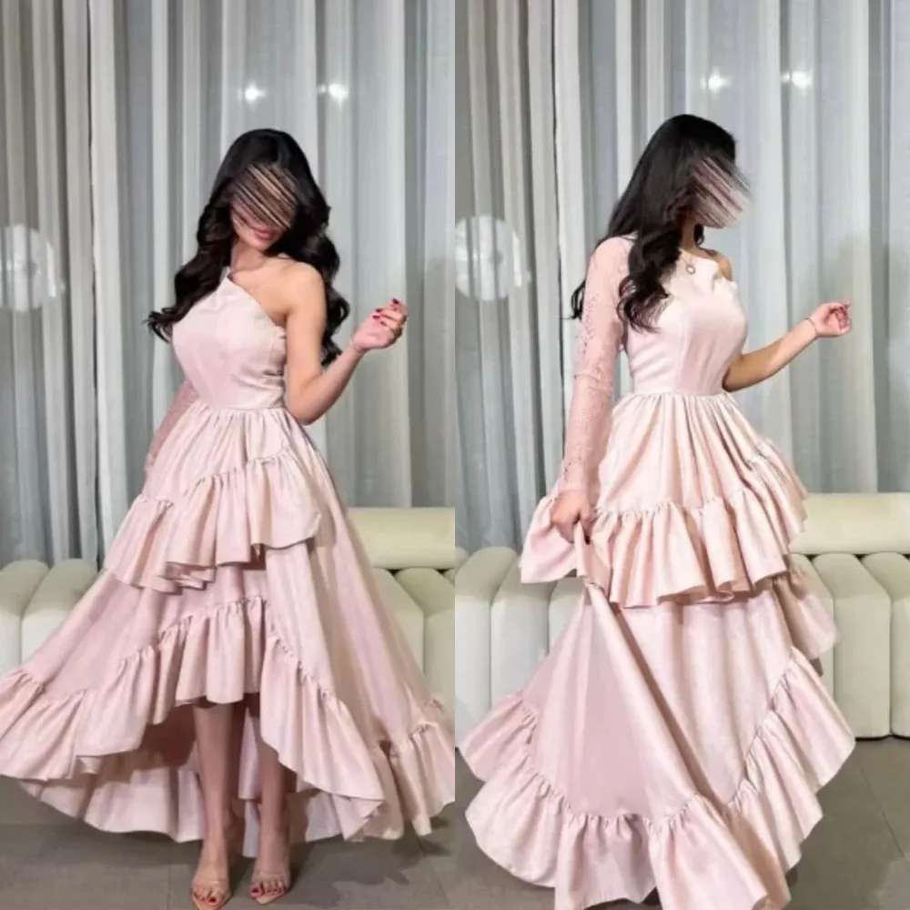

Customized High Quality Sleeveless One Shoulder Ankle Length High Fork Wrinkle Zipper Pink Short Prom Dresses 2025 Luxury Dress