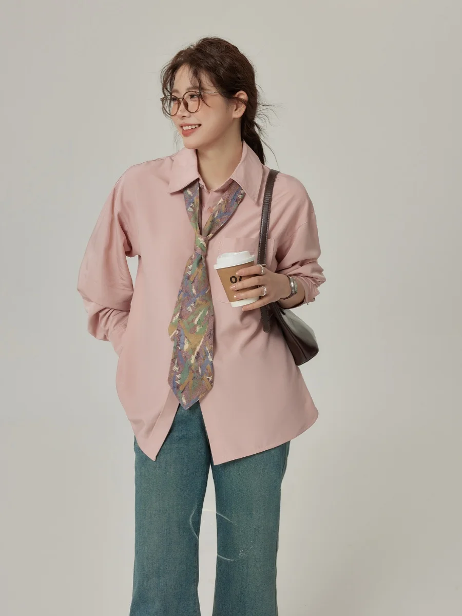 

Monika, женская розовая повседневная свободная одежда больших размеров, осенняя одежда для похудения, новый топ в Корейском стиле на пуговицах