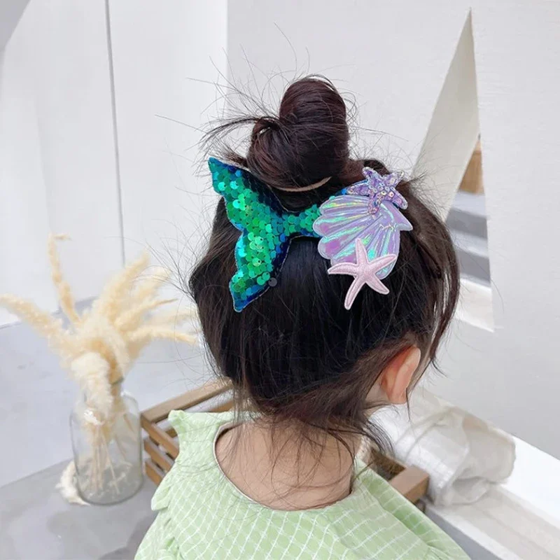 머리핀 Fashion Colorful Sequin Fish Tail Starfish Shell Mermaid Hair Clips for Girl Kids Cute Kawaii Fancy Hairpin Hair Accessories