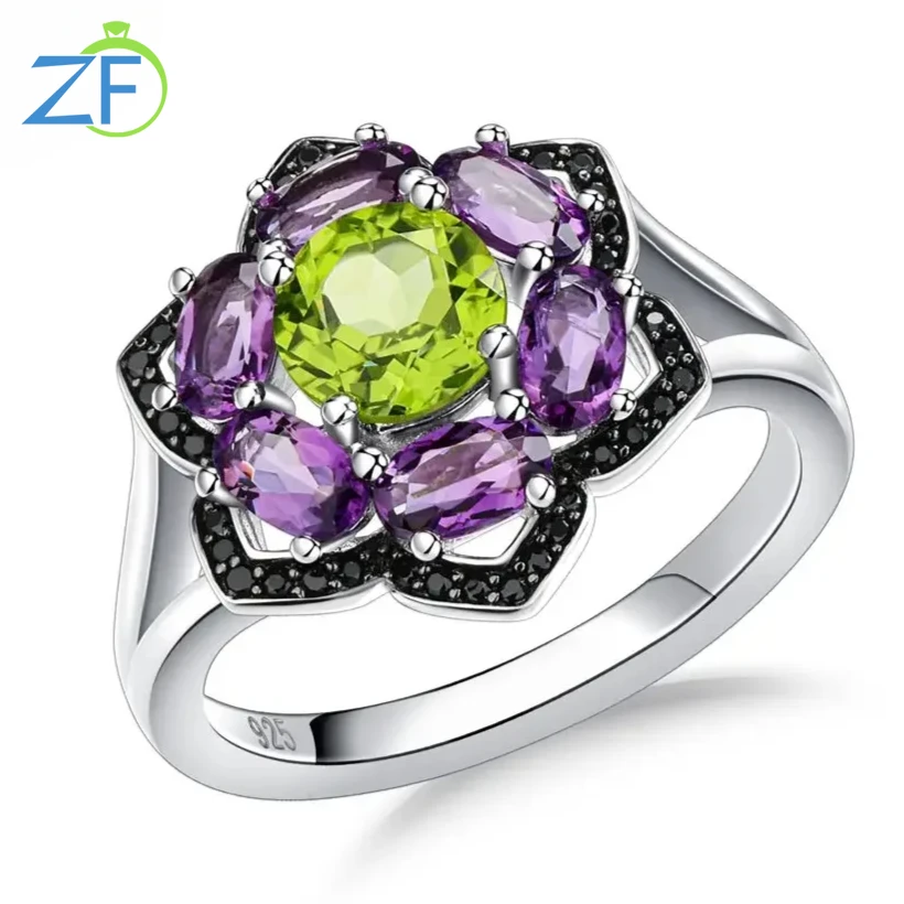 GZ ZONGFA Multicolor Natural Peridot Amethyst Black Spinel Ring Fine Jewelry Gemstone 925 Sterling Silve Chunky Finger For Women