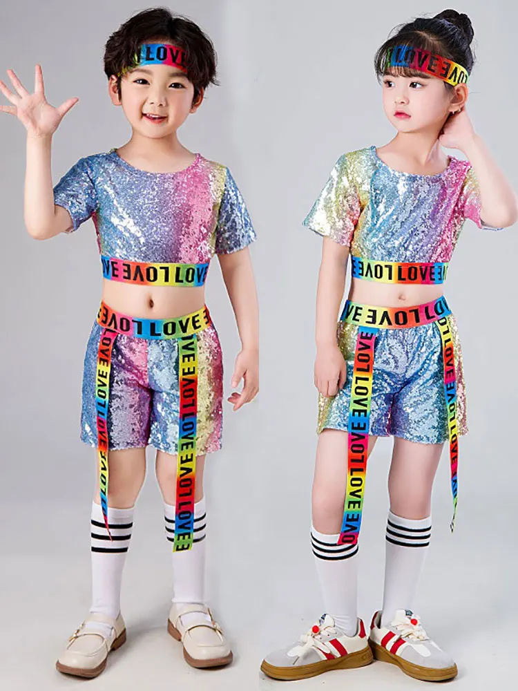 Mädchen Hip-Hop Jazz Dance Kostüm Straße Moderne Ballsaal Dancewear Kinder Kind Tanzen Kleidung Set Pailletten Crop Top mit Shorts