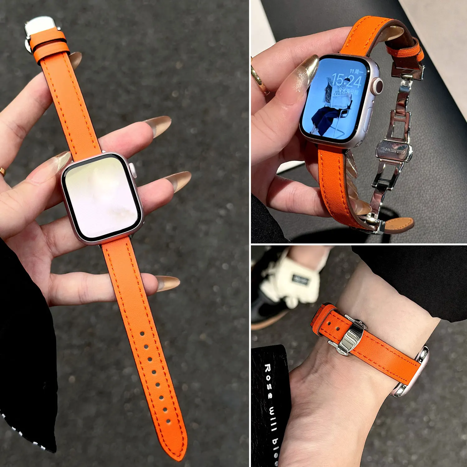 

Elegant leather strap, suitable for Apple Watch 45mm 46 49 44 42 38mm metal buckle strap, suitable for iwatch series ultra S10 9