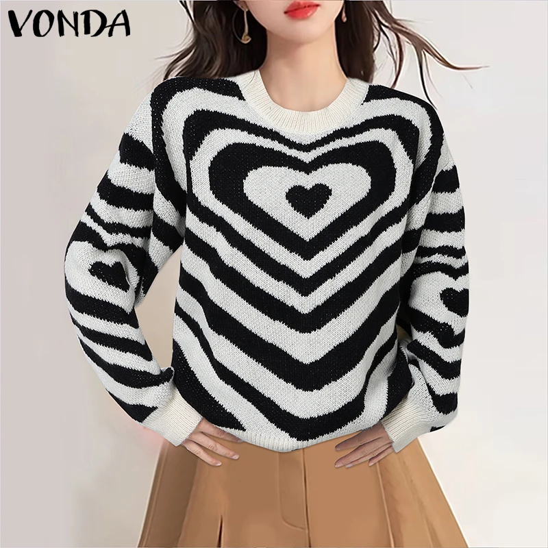Vonda Vrouwen Gebreide Truien 2026 Mode Herfst Hart Print Tops Lange Mouw Truien Streetwear Ronde Hals Truien Truien