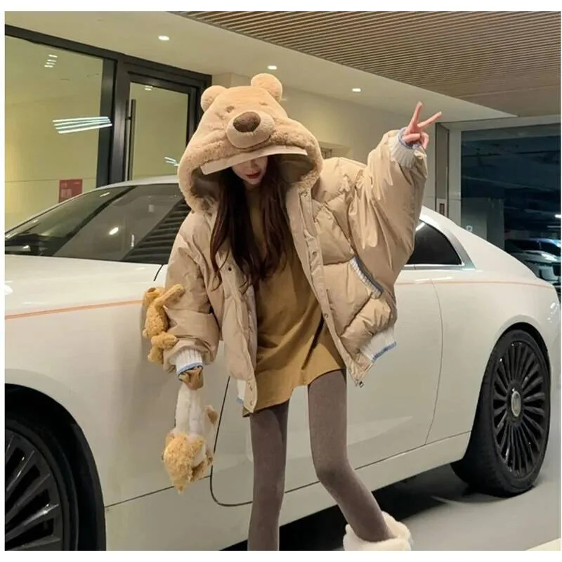 

White Duck Autumn And Winter New Korean Style Lazy High-End Temperature Designed Hooded Bear Doll Splicing Down Jacket