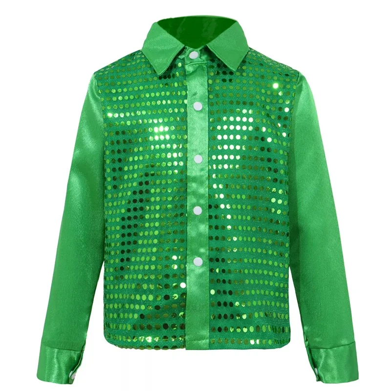 New Summer Kids Boys Long Sleeve Sequin Shirt Disco Hip Hop Jazz Dance Stage Show Chorus Shirt Fashion Lapel Button Casual Shirt