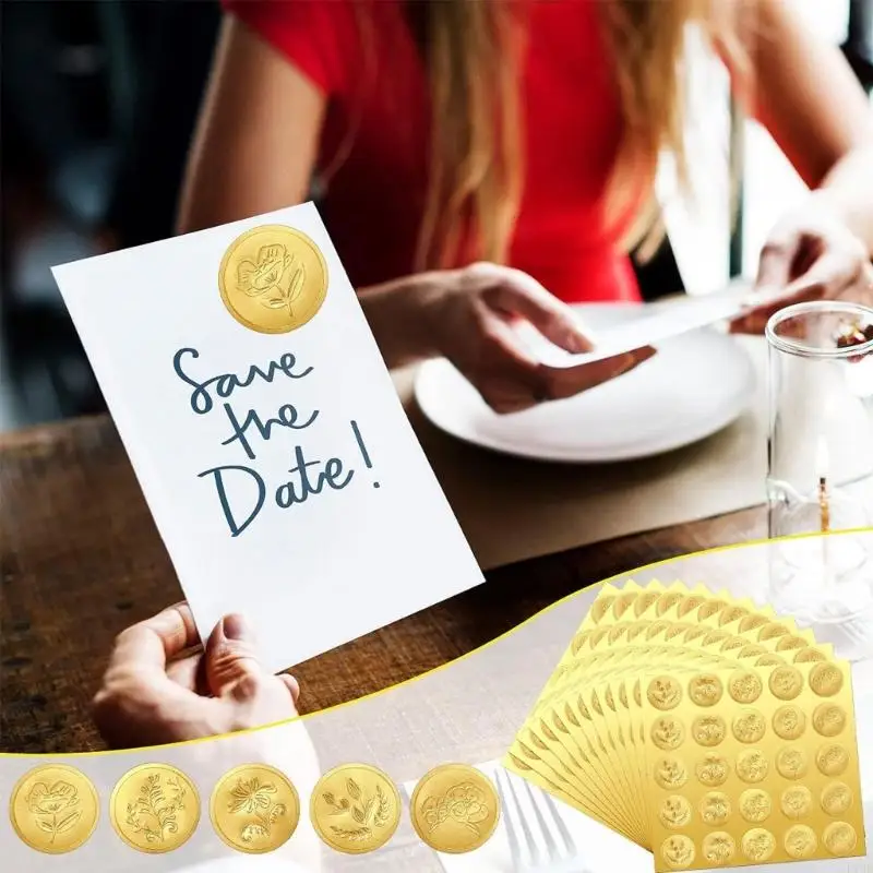 Embossed Envelope Closure Seals Gold Metallic Look with Raised Texture, Adhesive Seal Sheets for Invitations Greeting Cards F19E