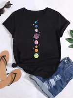 Women Moon Planet Print Fashion Tee Shirts Casual Round Neck Short Sleeve Streetwear Female T-Shirt Vintage Tops