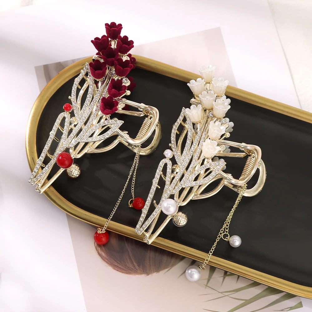 Red Flower Festival Hair Claw Hairpin Crab Tassel Rhinestone Wedding Hair Clip Women Ponytail Hairpin Headwear Hair Accessories