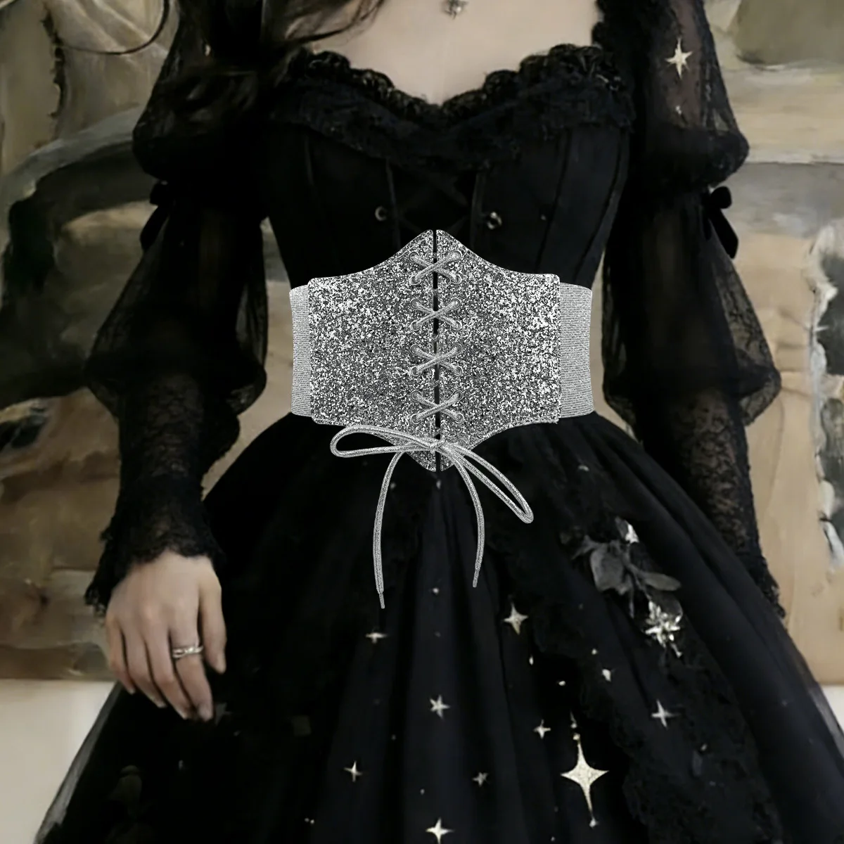 

Новый широкий эластичный пояс с декоративной завязкой для платья, блестящие пайетки, серебристо-черный, подходит для талии 70-80 см