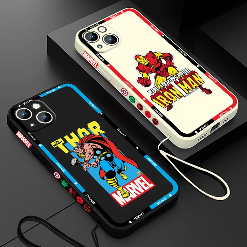 Marvel Superhero Comics Phone Case For Apple iPhone 15 14 13 12 11 Pro Max Plus 8 7 SE Liquid Left Rope Capa Cover