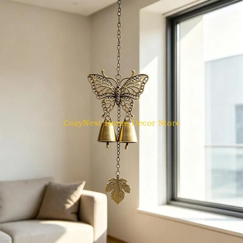 92MF Leaf Shape Butterfly Wall Hanging, Antique Bronze Metal Frame with Lower Hanging Detail for Door Porch Entryway Display and