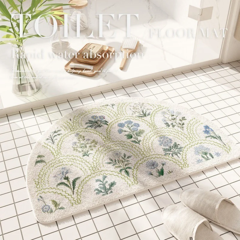 VIKAMA Retro Flower Half Round Bath Mat Plant Printed Soft Carpet Anti slip Quick Water Absorbing Floor Mat Home Decoration