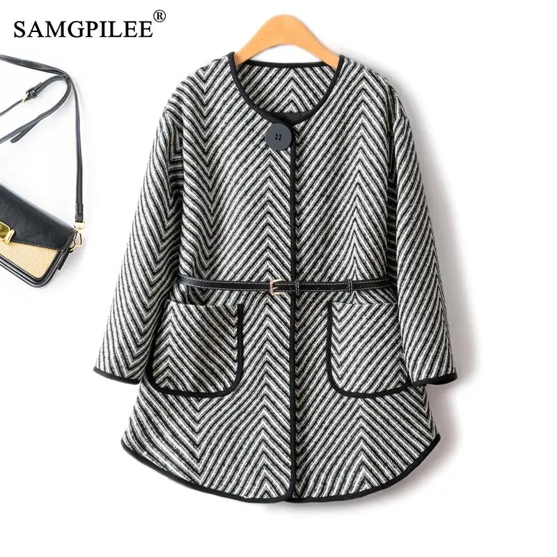 

Korean Dongdaemun 2023 Autumn Herringbone Single Button Belted Twill Mid Length Commuting Winter Woolen Coats For Women 4XL