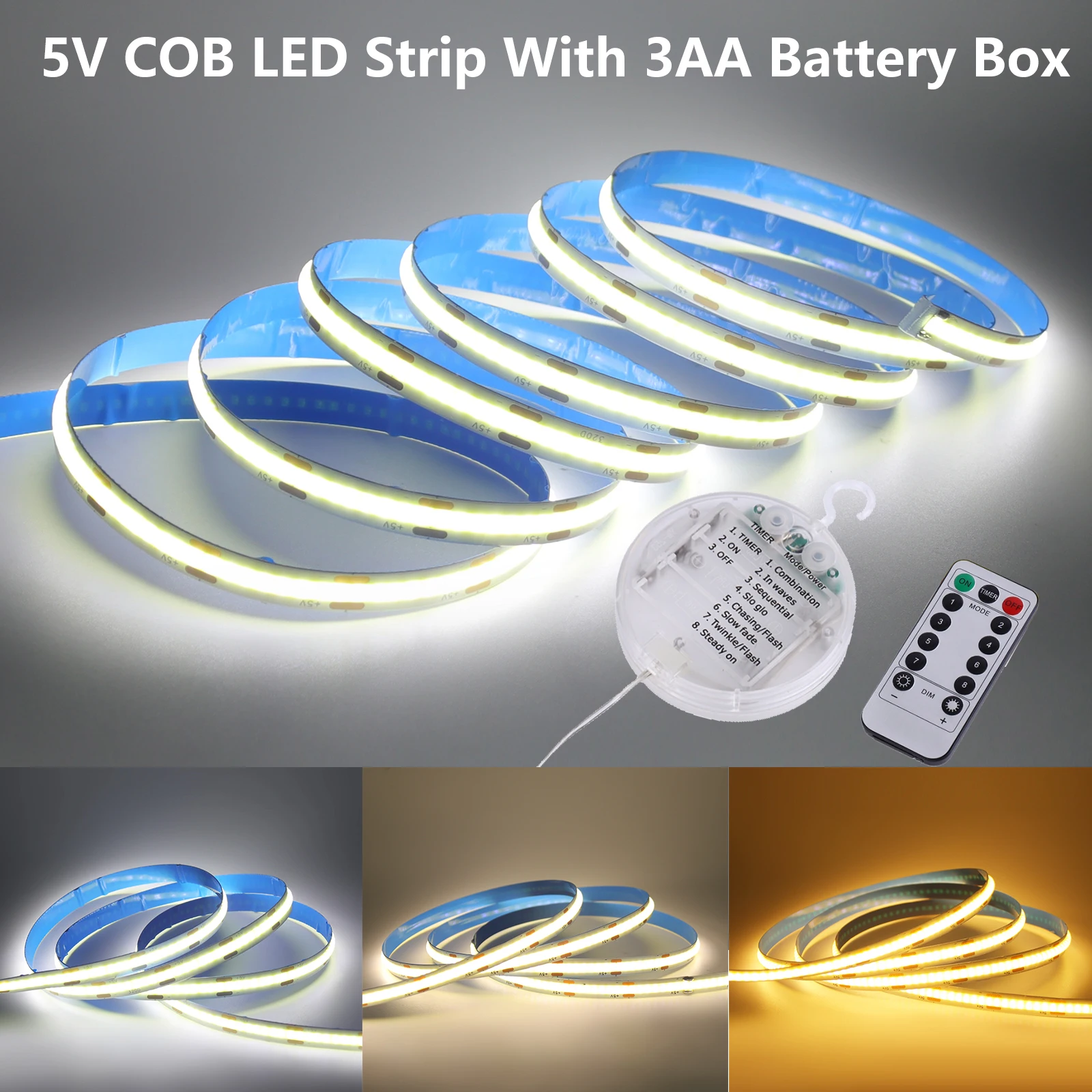 5V 8MM Battery Powered COB LED Strip With Remote Control 320LEDs/m Warm Natural White Flexible Adhesive Tape for Bedroom Decor