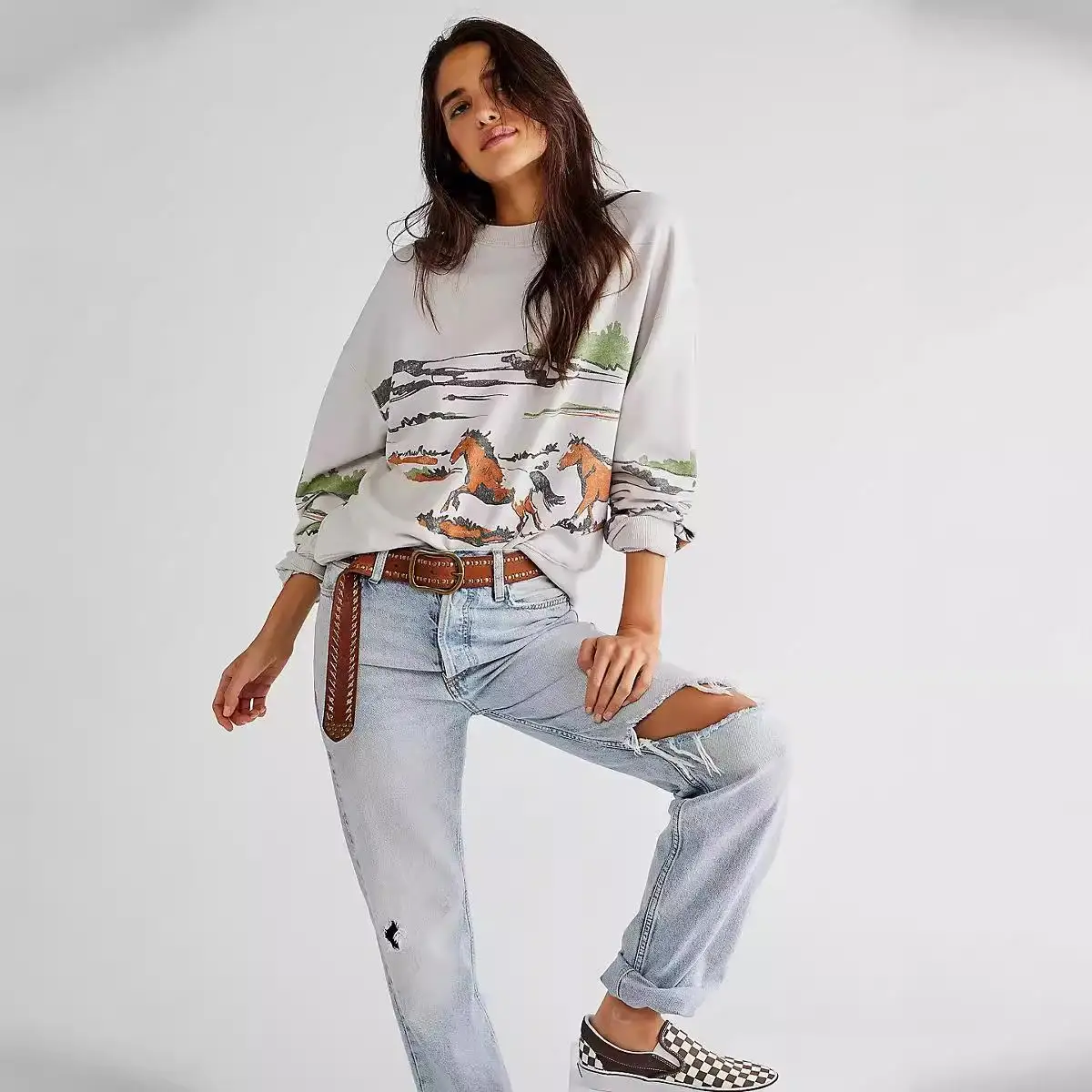 Cseta Fena de Manga Longa com Estampa Única Confortável em Poliéster Mole Casual Streetwear para Mulheres