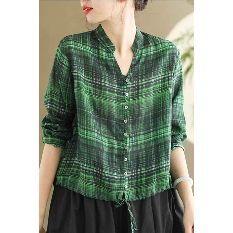 

Women's New Stitched Round Neck Button Plaid Fashionable Loose Versatile Casual Long Sleeve Shirts