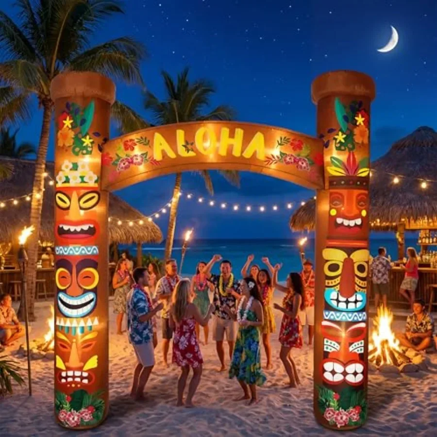 

Outdoor Tiki Archway Inflatable for Hawaiian Luau Parties, PVC Material, Tropical Blue White, LED Lighted Weather-Resistant