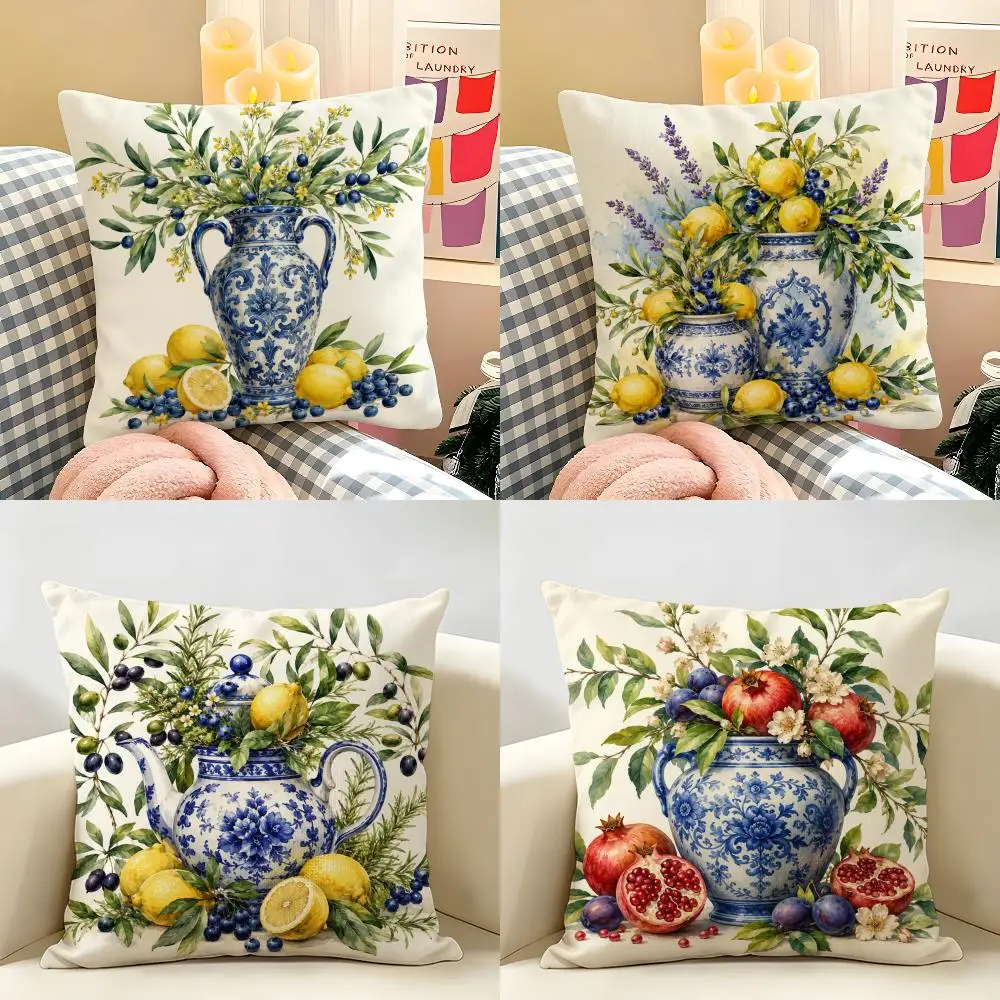 Porcelain Fruits Summer Cushion Cover Natural Linen Organic Fabric Double-Sided Printing Breathable Perfect For Home Decor