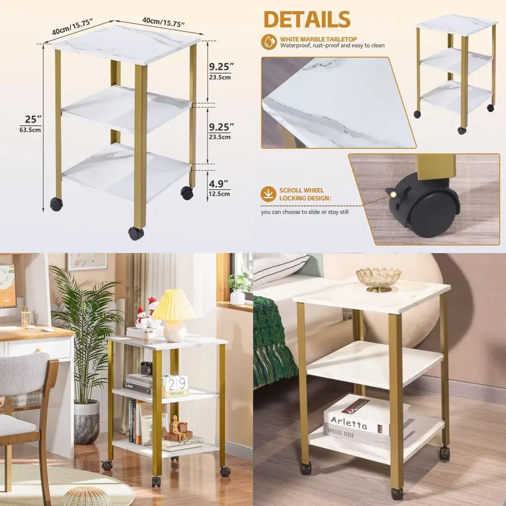 

Wheeled End Table with 3-Tier Storage, Metal Frame, Easy Assembly - White