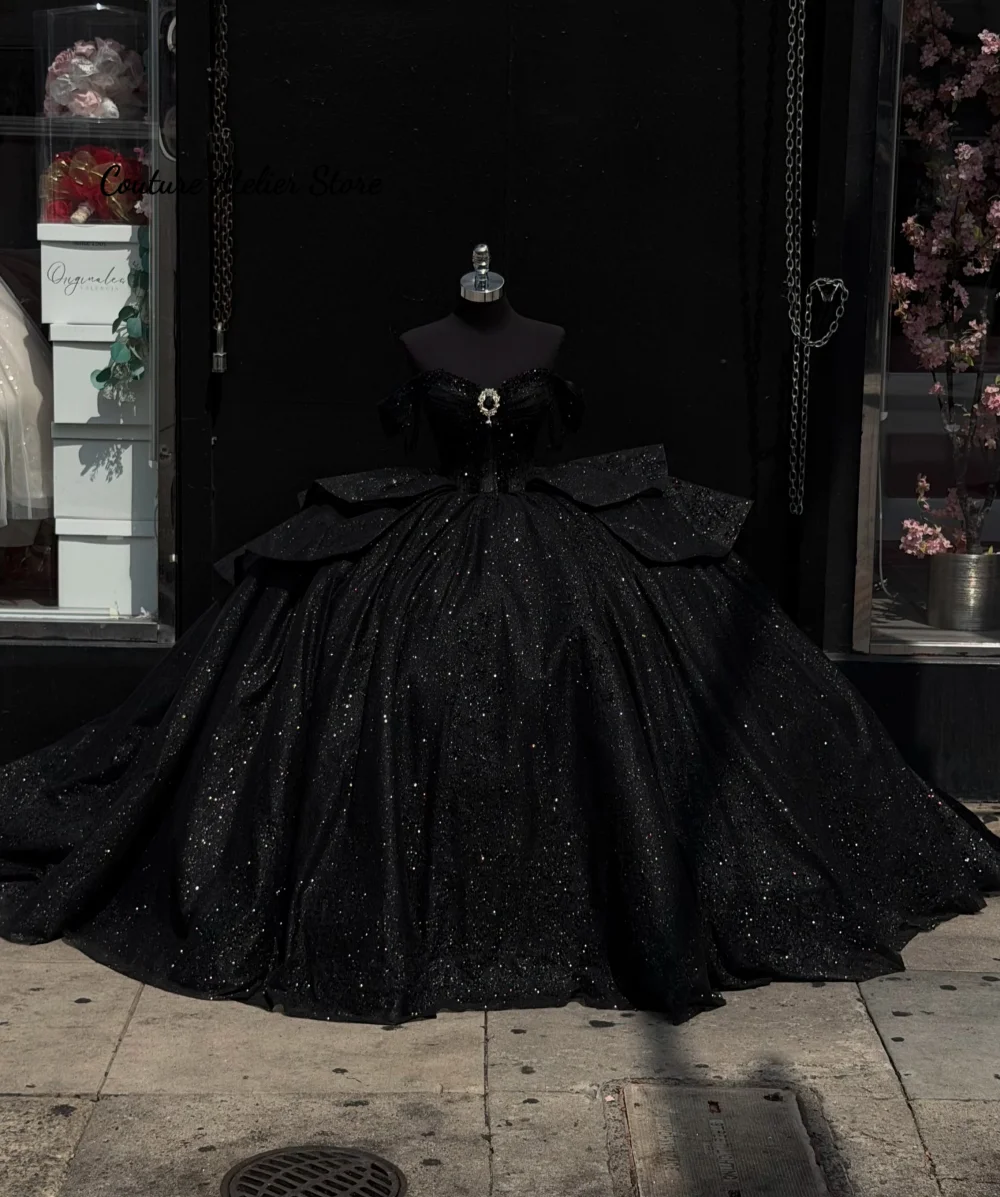 

Shinny Black Quinceanera Dress With Bow Off Shoulder Princess Sweet 16 Years Old Birthday Prom Party Gown Backless Customized