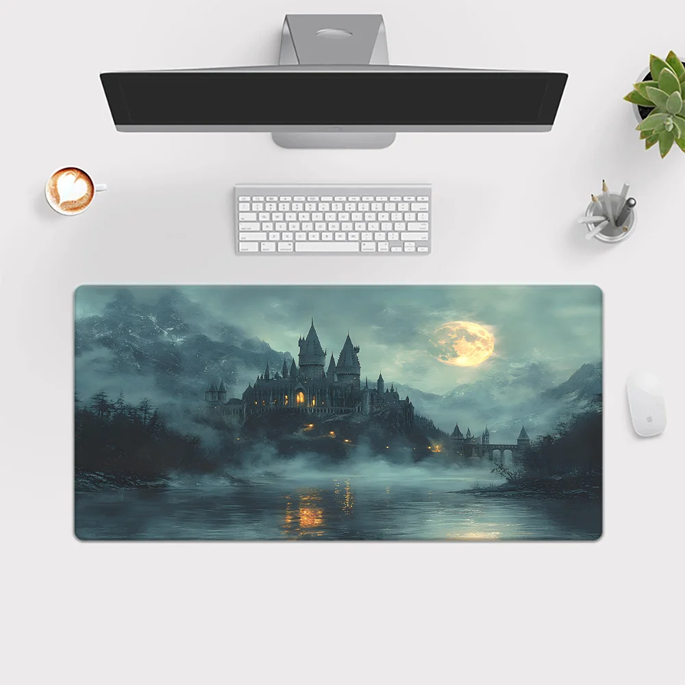 Moonlit Castle Mystical Landscape Extended Gaming Mouse Pad Large Rubber Base Desk Mat for PC Office