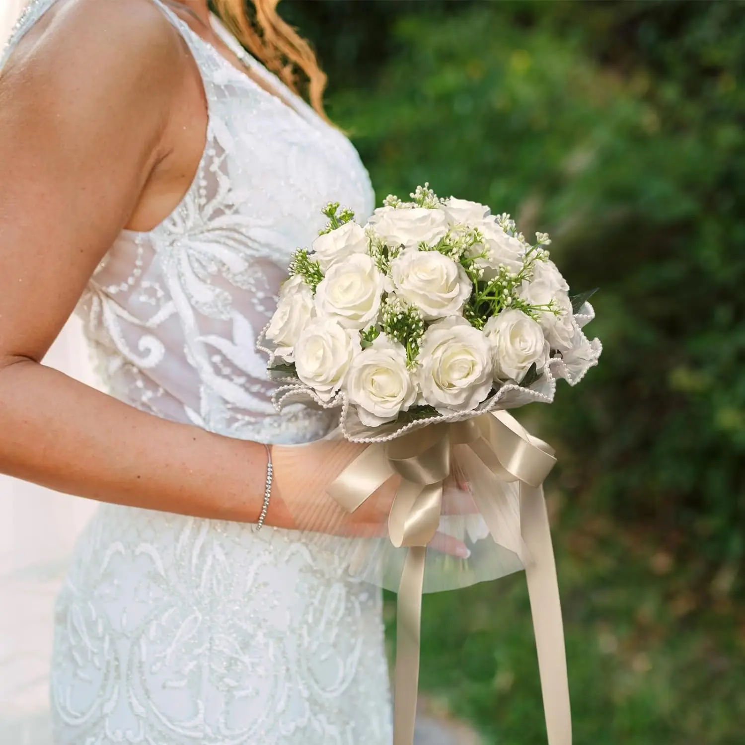 YeeNanee Bouquets de mariage Boho pour la mariée Bouquet de fleurs artificielles blanc ivoire avec ruban de soie dentelle décor de mariage de campagne