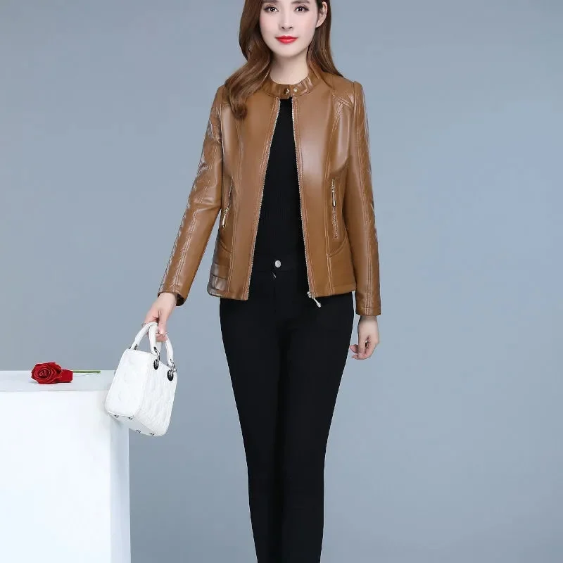 2025 Spring Autumn Women Short Leather Coat  Female Long Sleeves PU Leather Jacket Ladies Large Size 4XL Faux Leather Outcoat